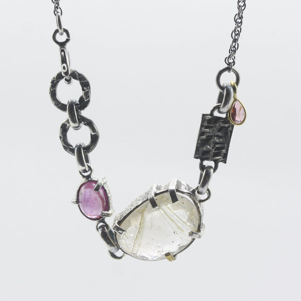 Rutilated Quartz Necklace with Ruby and Tourmaline