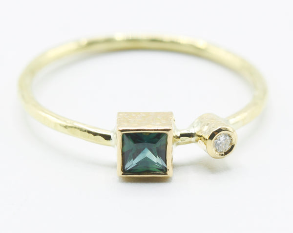 Square Teal Stone Ring in 18k Gold with Clear Accent — product view 1