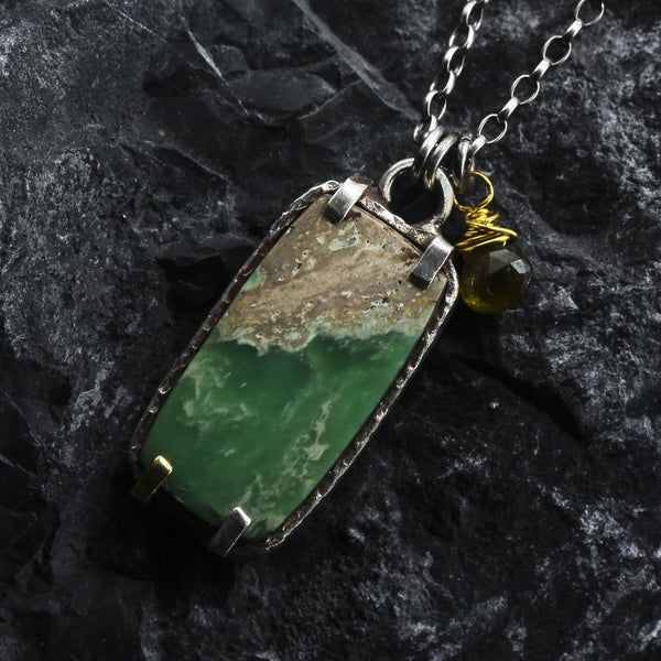 Variscite Bar Pendant Necklace with Tourmaline Drop