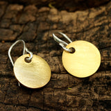 Gold plated brass discs earrings with matte finish and hangs on sterling silver hook - Metal Studio Jewelry