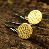 Gold plated brass discs earrings with texture and hangs on sterling silver oxidized hook - Metal Studio Jewelry