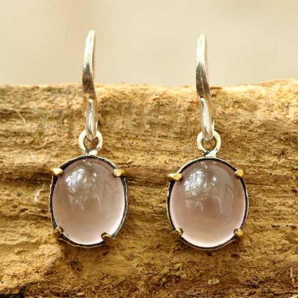 Oval cabochon Rose quartz earrings in silver bezel setting with polished brass accent prongs - Metal Studio Jewelry