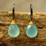 blue chalcedony drops faceted earrings with oxidized sterling silver hooks - Metal Studio Jewelry