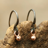 Rose gold bead earrings with oxidized sterling silver hooks - Metal Studio Jewelry