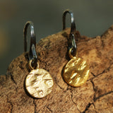 Gold plated brass discs 8.5 mm earrings with texture and hangs on sterling silver oxidized hook - Metal Studio Jewelry