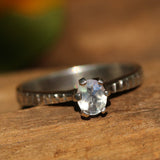 Oval faceted moonstone in prongs setting with sterling silver square texture band - Metal Studio Jewelry