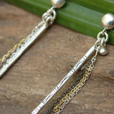 Sterling silver post earrings with silver spike oxidized engraving and silver chain set - Metal Studio Jewelry