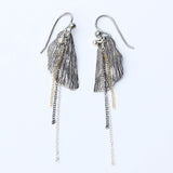Silver leaf dangle earrings with silver chain set and oxidized silver hooks on the top - Metal Studio Jewelry
