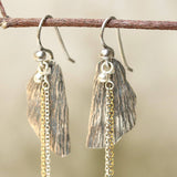 Silver leaf dangle earrings with silver chain set and oxidized silver hooks on the top - Metal Studio Jewelry