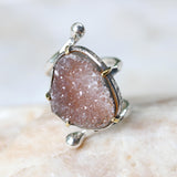 Teardrop dark brown druzy ring in silver bezel and brass prongs setting with double wrap sterling silver hammered texture band - Metal Studio Jewelry