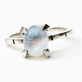 Oval cabochon moonstone ring in sterling silver prongs setting with oxidized engraving silver band - Metal Studio Jewelry