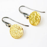 Gold plated brass discs earrings with texture and hangs on sterling silver oxidized hook - Metal Studio Jewelry
