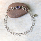 Bracelet pear faceted amethyst in silver bezel setting and oxidized sterling silver in heart shape design chain - Metal Studio Jewelry