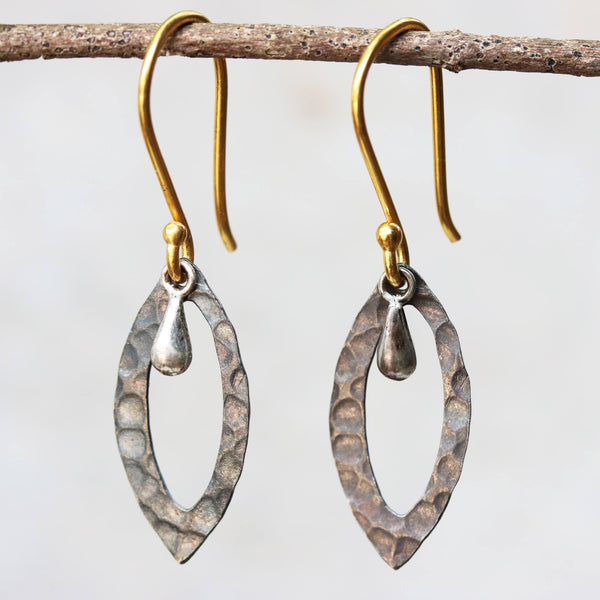 Silver hammered texture earrings with polished silver drop - Metal Studio Jewelry