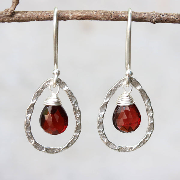Garnet earring, red garnet earring, garnet drop earring, silver drop earring, silver dangle earring, January birthstone earring - Metal Studio Jewelry