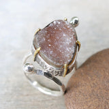 Teardrop dark brown druzy ring in silver bezel and brass prongs setting with double wrap sterling silver hammered texture band - Metal Studio Jewelry