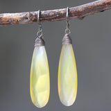 Yellow dyed chalcedony teardrop faceted earrings with silver wire wrapped on oxidized sterling silver hooks style - Metal Studio Jewelry