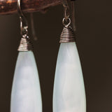 Blue chalcedony teardrop faceted earrings with silver wire wrapped on oxidized sterling silver hooks style - Metal Studio Jewelry