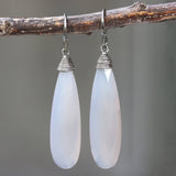 Gray dyed chalcedony teardrop faceted earrings with silver wire wrapped on oxidized sterling silver hooks style - Metal Studio Jewelry