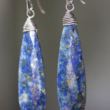 Lapis lazuli teardrop faceted earrings with silver wire wrapped on oxidized sterling silver hooks style - Metal Studio Jewelry
