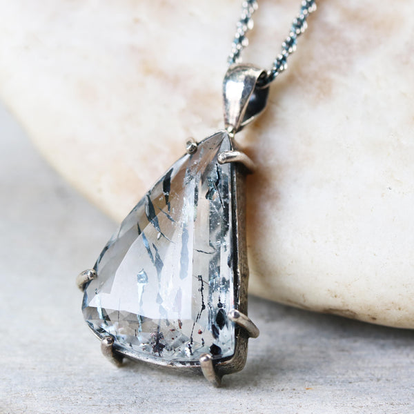 Tear drop faceted of super 7 pendant  in silver bezel and polished silver prongs setting - Metal Studio Jewelry