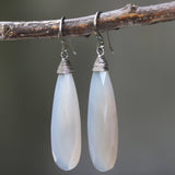 Gray dyed chalcedony teardrop faceted earrings with silver wire wrapped on oxidized sterling silver hooks style - Metal Studio Jewelry