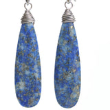 Lapis lazuli teardrop faceted earrings with silver wire wrapped on oxidized sterling silver hooks style - Metal Studio Jewelry