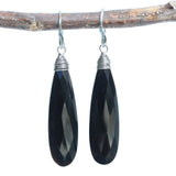 Black onyx teardrop faceted earrings with silver wire wrapped on oxidized sterling silver hooks style - Metal Studio Jewelry