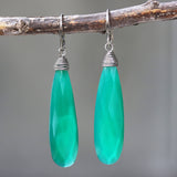 Green onyx teardrop faceted earrings with silver wire wrapped on oxidized sterling silver hooks style - Metal Studio Jewelry
