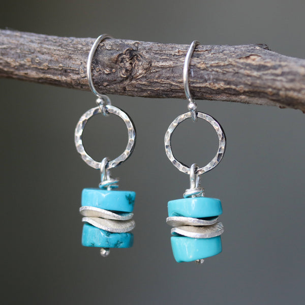 Blue turquoise beads earrings and silver plate with hammer silver oxidized loops on sterling silver hooks style - Metal Studio Jewelry
