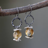 Round rutilated quartz earrings and silver plate with hammer silver oxidized loops on sterling silver oxidized hooks style - Metal Studio Jewelry