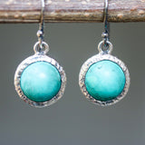Round cabochon blue turquoise earrings in silver bezel setting with oxidized sterling silver hooks style - Metal Studio Jewelry