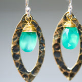 Green onyx earrings and oxidized brass marquis shape in hammer textured on sterling silver hook style - Metal Studio Jewelry