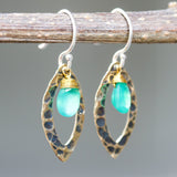 Green onyx earrings and oxidized brass marquis shape in hammer textured on sterling silver hook style - Metal Studio Jewelry