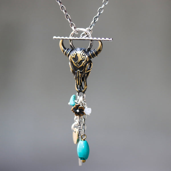 Brass Buffalo shape pendant necklace and turquoise gemstone set with 3 oval silver ring secondary on oxidized sterling silver chain - Metal Studio Jewelry