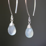 Blue chalcedony pear faceted earrings with silver wire wrapped on sterling silver marquise ear wires - Metal Studio Jewelry
