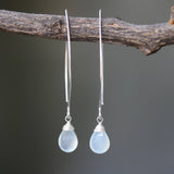 Blue chalcedony pear faceted earrings with silver wire wrapped on sterling silver marquise ear wires - Metal Studio Jewelry
