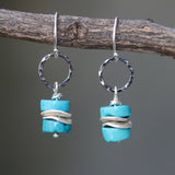 Blue turquoise beads earrings and silver plate with hammer silver oxidized loops on sterling silver hooks style - Metal Studio Jewelry