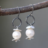 Natural freshwater pearls earrings and silver plate with hammer silver oxidized loops on sterling silver oxidized hooks style - Metal Studio Jewelry