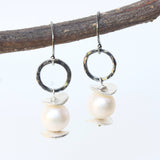 Natural freshwater pearls earrings and silver plate with hammer silver oxidized loops on sterling silver oxidized hooks style - Metal Studio Jewelry