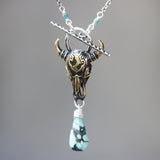 Brass Buffalo shape pendant necklace and turquoise gemstone with turquoise beads and silver ring secondary on sterling silver chain - Metal Studio Jewelry