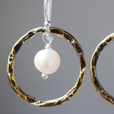 Freshwater pearls earrings and oxidized brass circle shape in hammer textured on sterling silver hook style - Metal Studio Jewelry
