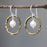 Freshwater pearls earrings and oxidized brass circle shape in hammer textured on sterling silver hook style - Metal Studio Jewelry