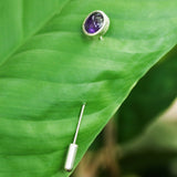 Tiny round cabochon Amethyst brooch in silver bezel setting with silver plated on brass pin - Metal Studio Jewelry