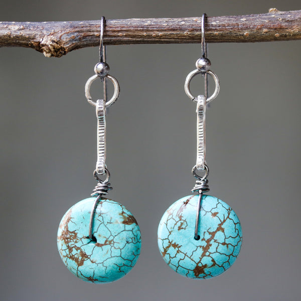 Round blue dyed howlite  earrings with oxidized silver bar on sterling silver hooks style - Metal Studio Jewelry