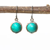 Round cabochon blue turquoise earrings in silver bezel setting with oxidized sterling silver hooks style - Metal Studio Jewelry