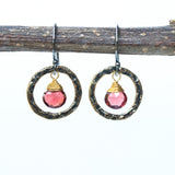 Garnet earrings and oxidized brass circle shape in hammer textured on sterling silver hook style - Metal Studio Jewelry