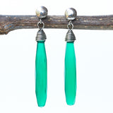 Green onyx faceted earrings with silver wire wrapped on sterling silver post style - Metal Studio Jewelry