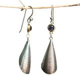 Silver leaf shape earrings with textured and tiny Iolite in brass bezel setting on oxidized sterling silver hooks style - Metal Studio Jewelry