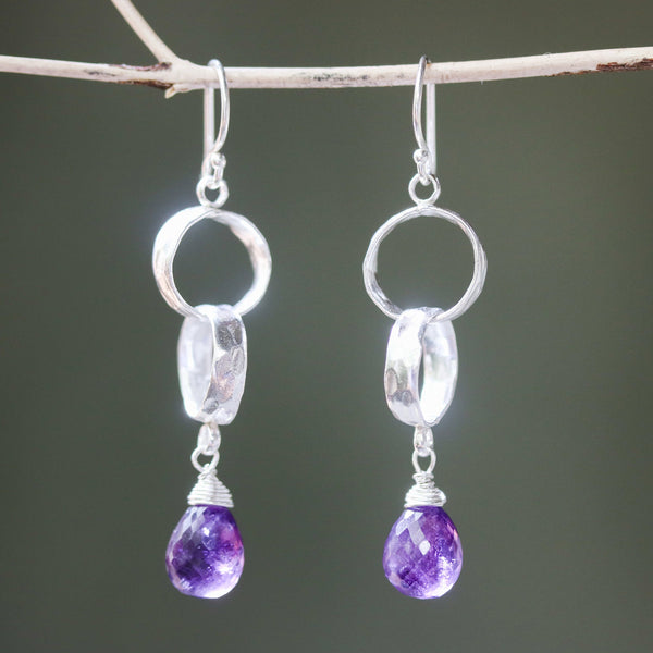 Teardrop faceted Amethyst earrings with 2 ring design sterling silver on silver hooks style - Metal Studio Jewelry